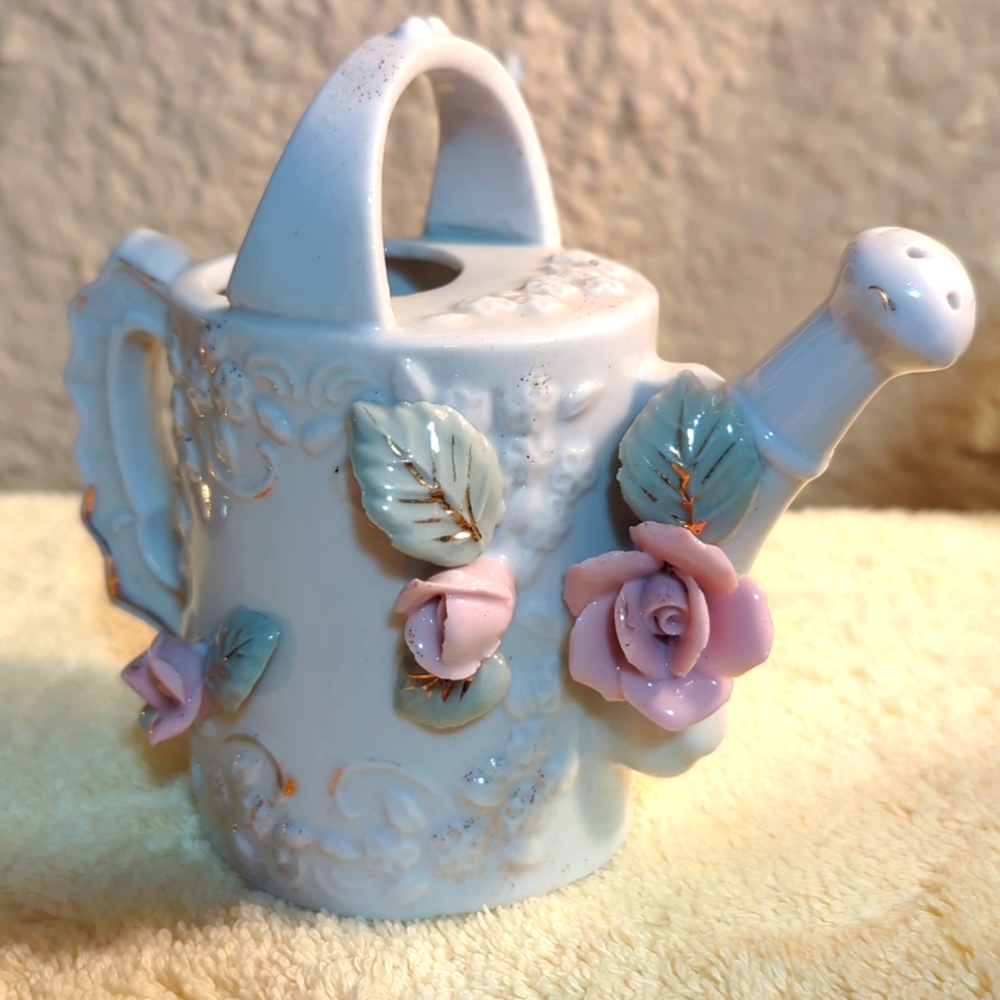 Vintage 1950's 3D Vase Pink Roses Ribbed Watering Can Japan Gold Trim